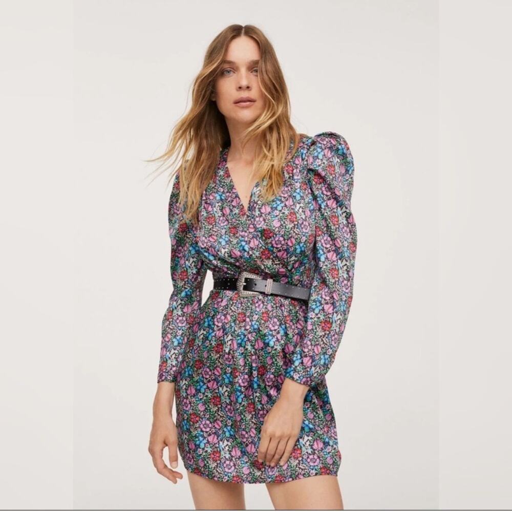 MANGO Printed Floral Dress with Balloon Sleeves Size 4